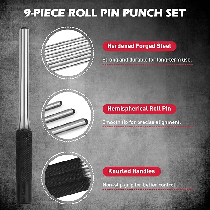 25-Piece Punch and Chisel Set with Roll Pin Punches, Includes Taper, Pin, Center Punches & Cold Chisels for Metalworking, Automotive, and Craft Use