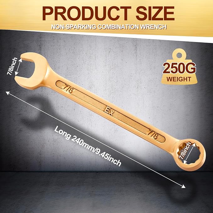 Hicarer 7/8" Non-sparking Combination Wrench Non-magnetic Wrench 240 mm Length Aluminum Bronze Combination Spanner for Flammable and Explosive Environment Technician Electrician Die-forged
