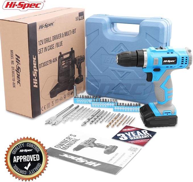 Hi-Spec Cordless Drill Set 50pc 12V Electric Power Driver in a Toolbox Case. Includes Rechargeable Battery, Power Screwdriver Bits, Wood, Metal, and Masonry Drill Bit Set Accessories