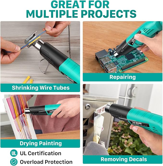 Heat Gun, 380W Fast Heat Mini Hot Air Gun with 2-Temp Settings 480°F-850°F(249°C-455°C) Overheat Protection Reflector Nozzle, 4.9Ft Long Cable for Shrink Wrap,Vinyl, Crafts, Epoxy Resin