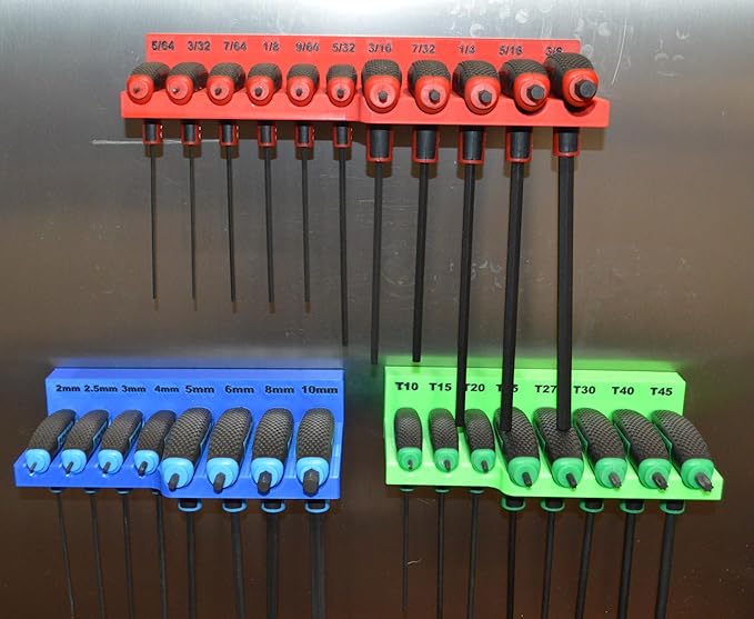 ICON Magnetic T Handle Holder Set, 3 Piece Organizer with Metric, SAE, and Torx Size Labels, Red Blue Green