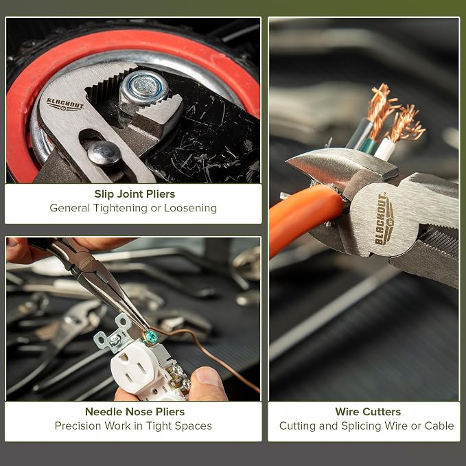 Blackout XP 10 Piece Pliers Set Tools with Zippered Carry Bag | Needle Nose, Wire Cutters, Slip Joint, and Locking Jaw Plier Mechanic Tools Set