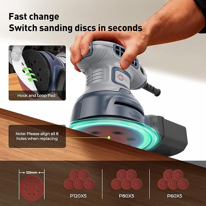5-Inch Random Orbital Sander, 3Amp Electric Corded Palm Sander with 6 Speeds (6000-13000 OPM), Dustless Dust Bag & Vacuum Adapter, 15 Sandpapers for Woodworking, Furniture Refinishing, Paint Removal