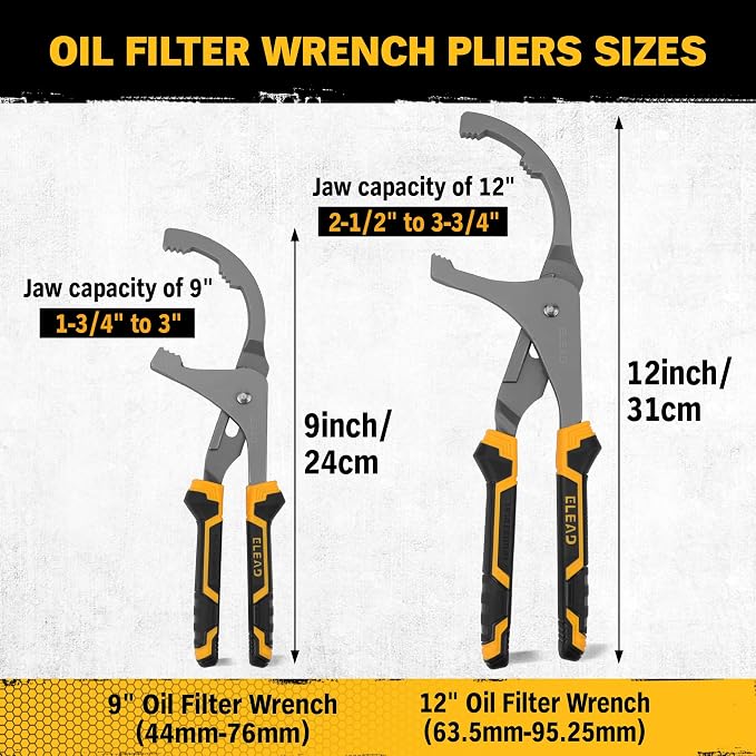 ELEAD Adjustable Oil Filter Wrench Set - 9" & 12" Pliers for Cars, Trucks, Motorcycles - Durable Carbon Steel, Ergonomic Grip, Easy Access Design