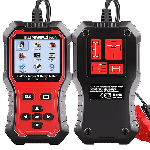KONNWEI KW371 2-in-1 Car Battery Tester Relay Tester, 6V 12V 24V 10-2000 CCA Automotive Diagnostic Tool for Lead Acid AGM Gel EFB Lithium, Charging Cranking Analyzer for Motorcycle Truck Boat