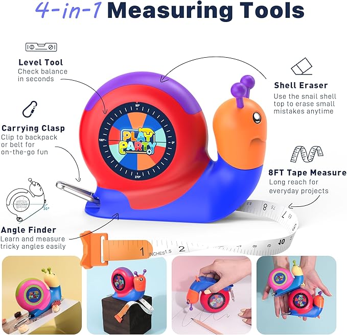 8ft Tape Measure for Kids, STEM Educational Tool with Level, Protractor and Eraser, Retractable Snail Shaped Measuring Tapes, Child-Safe Stocking Stuffers Gift for Boys & Girls 3+, Blue