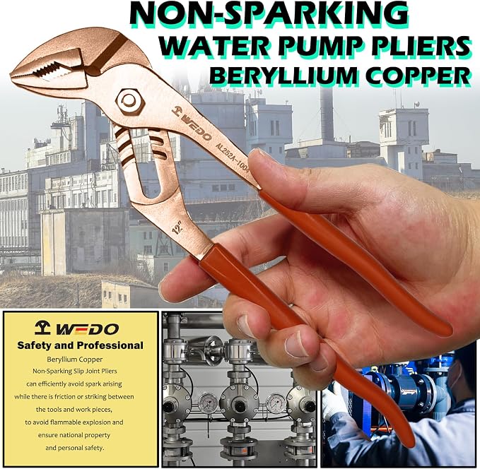 WEDO Water Pump Pliers, Slip Joint Pliers, Tongue and Groove Pliers, Length 10 inch, length 250mm, Max jaw opening 32mm, Beryllium Copper, Non-Sparking, DIN Standard, BAM & FM Certificate