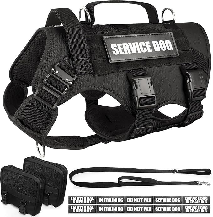 Tactical Dog Harness with Dog Leash, Service Working MOLLE Vest with 10 Pet Patches for Large Dog, No Pull Military Harness and Backpack for Training Hunting Walking