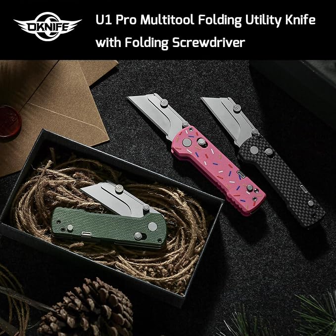 OKNIFE U1 Pro Multitool Folding Utility Knife with Folding Screwdriver, Quick Change Blade, Rail Lock & Pocket Clip for Men Women (Green Micarta)