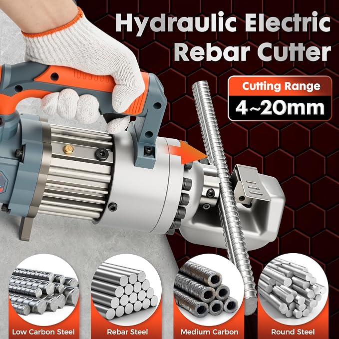 3/4" Electric Hydraulic Rebar Cutter, 1.5-2S Cutting Speed, Portable, Cuts 4-20mm #6 Rebar, 1050w, 120v/60hz. (Grey+Orange)