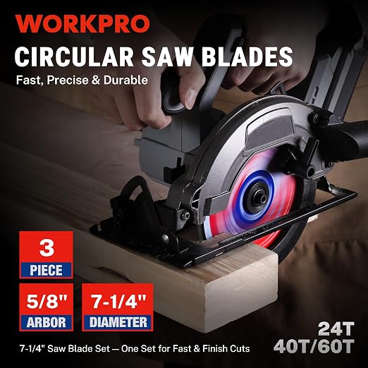 WORKPRO 7-1/4 Inch Woodworking Circular Saw Blades, 24T/40T/60T Framing, General & Finish Combo, Thin Kerf, Carbide Tipped, ATB Tooth, 3-Pack
