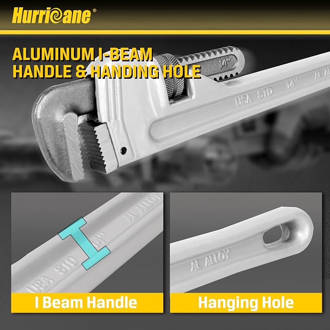 HURRICANE 14-Inch Aluminum Pipe Wrench,Heavy Duty Adjustable Plumbing Wrench,Straight Handle Plumbers Tool,40% Lighter Weight
