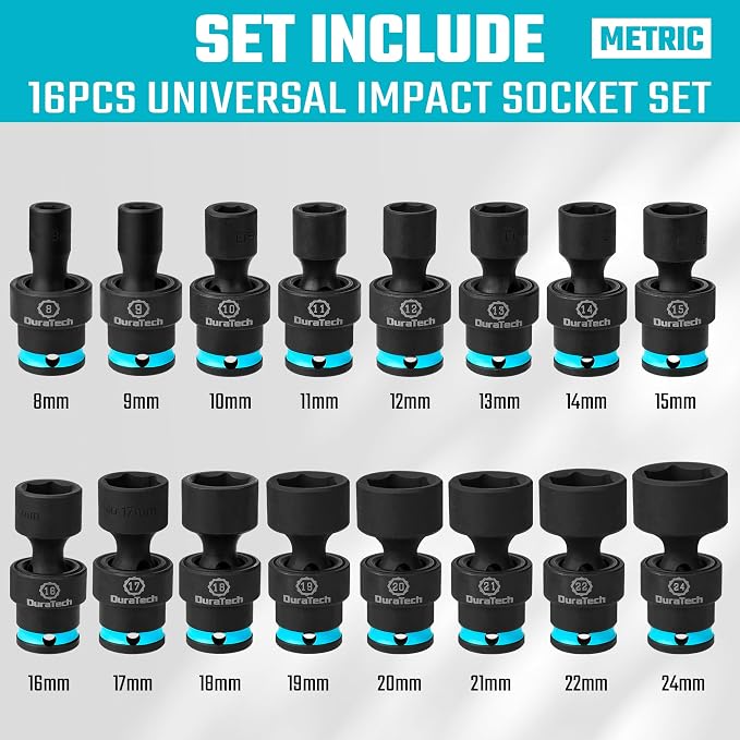DURATECH 3/8" Drive Impact Swivel Socket Set, 16 Pcs Shallow Wobble Sockets | 8-24mm, Metric, Universal Joint Socket Set, Cr-Mo Steel, 6 Points, Organized in Sturdy Storage Case