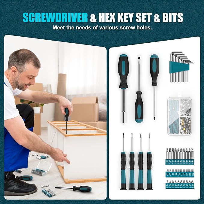 Sundpey 206PC Portable Basic Home Tool Kit Set with 12V Cordless Drill Blue