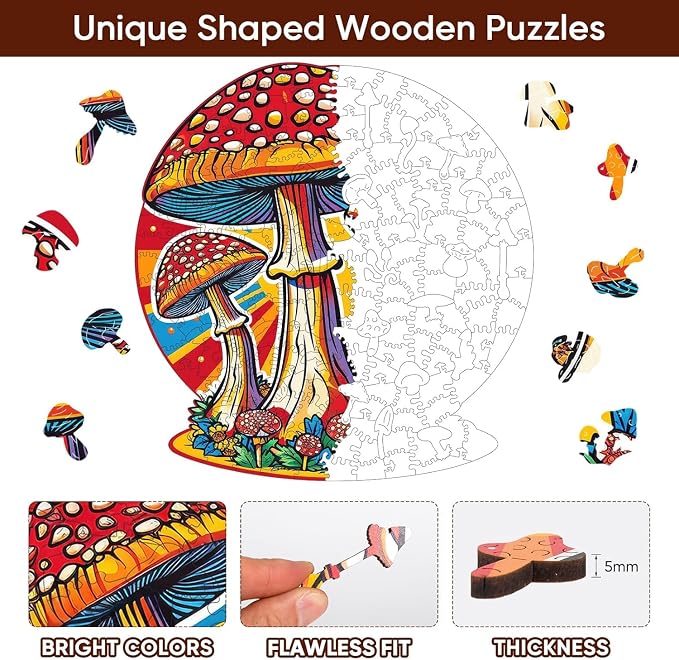 Mys Aurora Mushroom Wooden Puzzles for Adults, 500 Piece Unique Shaped Wood Jigsaw Puzzles for Adults and Kids, Fun Challenging Puzzles Family Game Gift, 15.9'' x 16.7''