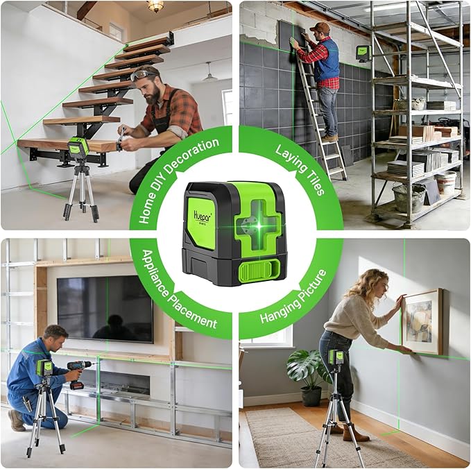 Huepar Laser Level with Tripod,100Ft Self Leveling Green Cross Line Laser for Picture Hanging, Tile, Decoration & DIY Construction – AA Battery&Picture Hanging Strips, Indoor Use