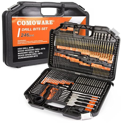 COMOWARE Drill Bit Set, 246 Pcs Screwdriver Bits for Cordless Drill, Screwdriver Drill Bits Set Combo Kit for Wood, Metal Masonry Cement, Orange Case