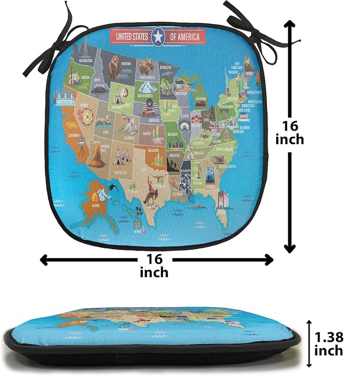 Lunarable Americana Chair Cushion Pads Set of 6, Map of USA Cowboy Corn Field Lobster Farming and Agriculture Art, Anti-Slip Seat Padding for Kitchen & Patio, 16"x16", Blue Multicolor
