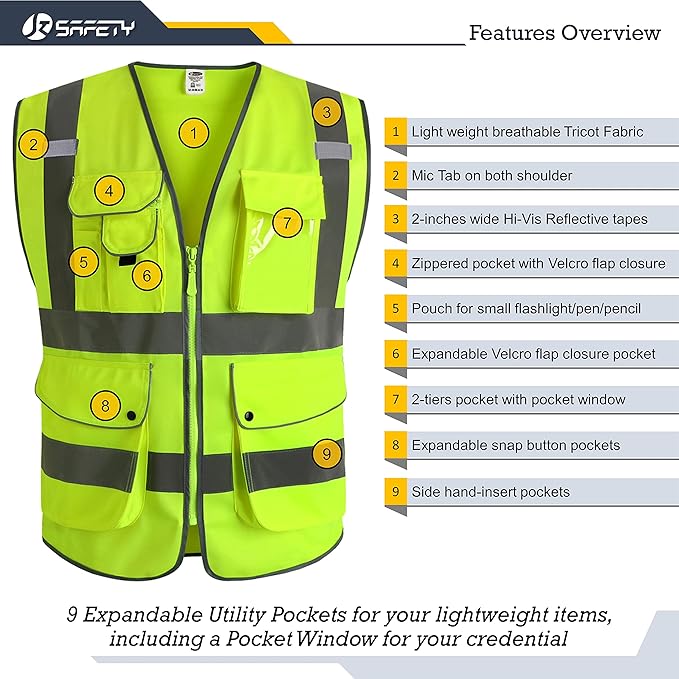 JKSafety 9 Pockets Class 2 High Visibility Zipper Front 6 Pack Safety Vest With Reflective Strips,Meets ANSI/ISEA Standard (155 Yellow XL)