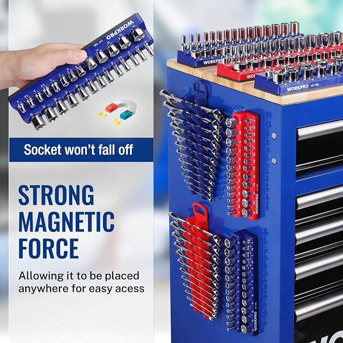 WORKPRO 8-Piece Magnetic Socket and Wrench Organizer Set | 6-Piece Socket Holders, 1/4" 3/8" 1/2" DR Tool Trays, For Metric SAE Sockets, 2-Piece Wrench Holders, For Metric SAE Wrenches