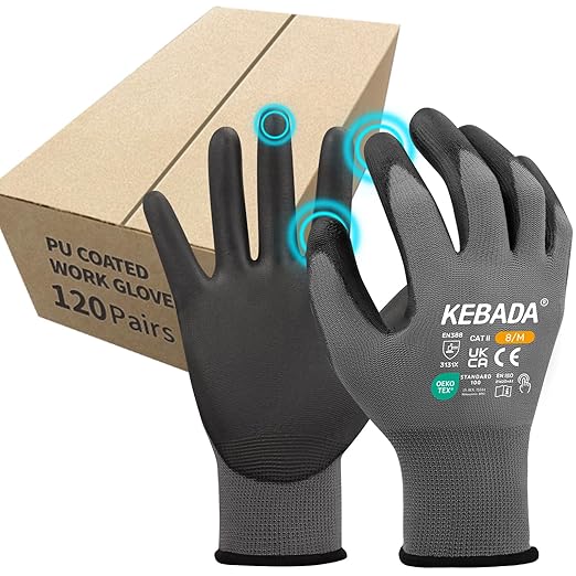 Kebada Safety Work Gloves,120 Pairs Bulk Pack, Touchscreen, PU Coated, Ideal for Warehouse, Construction, Gardening and Mechanics, Grey, X-Small