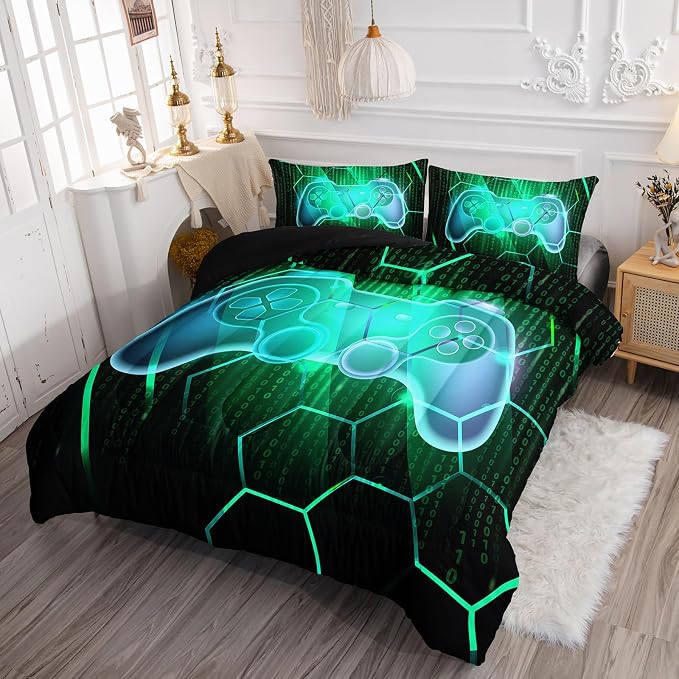 Axolotl Gaming Comforter Set Twin Size,Number Video Gaming Gamer Bedding Set,Boys Game Console Comforter Set,Geometry Hexagonal Bedding Set for Teens Men Adults,1 Quilt 2 Pillowcases,Green Black