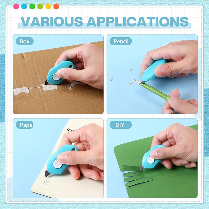 Lasnten 100 Pcs Mini Box Cutter Retractable Utility Knife Keychain Cute Pocket Knife Lightweight Colorful Letter Opener for Office Students Back to School Supplies Class Stationery DIY Crafts