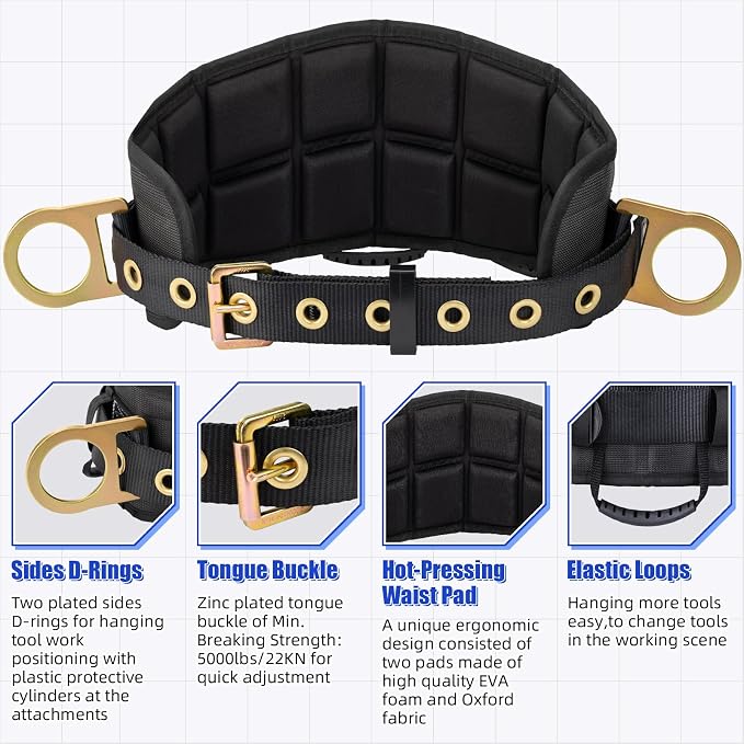 Trsmima Safety Harness Fall Protection - Full Body Harness Men Construction | Men Quick Adjust Buckles and Datachable Pad Tool Bag for Roofing Construction Workers