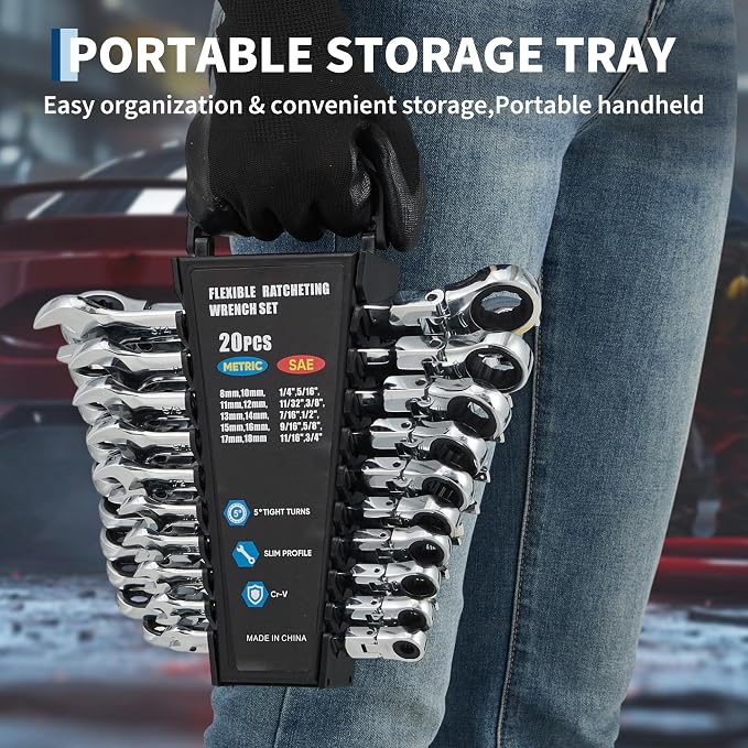 Garvee 20 Piece Ratcheting Combination SAE & Metric Wrench Set | Metric 8-18mm & SAE 1/4"-3/4" Arc CR-V Steel 72-Tooth 5° Swing | for Automotive Repair & Home Maintenance