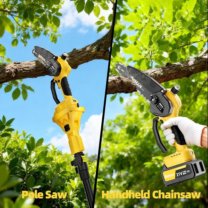 4-in-1 Electric Pole Saw for Tree Trimming, 6 Inch and 8 Inch Cordless Chainsaw with 2×4.0 Ah Batteries, Mini Chainsaw Cordless with Extension Pole, Battery Powered Pole Chain Saw for Branch Cutter