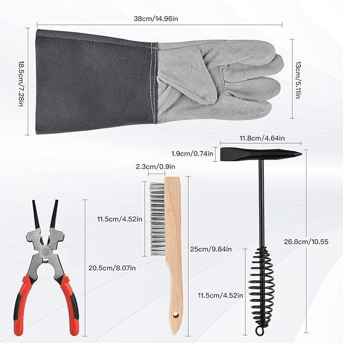 4-Piece Welding Slag Removal Tool Set - 10 Inch Chipping Hammer with Coil Spring Handle, Multi-Functional Pliers, Wire Brush, Welding Gloves