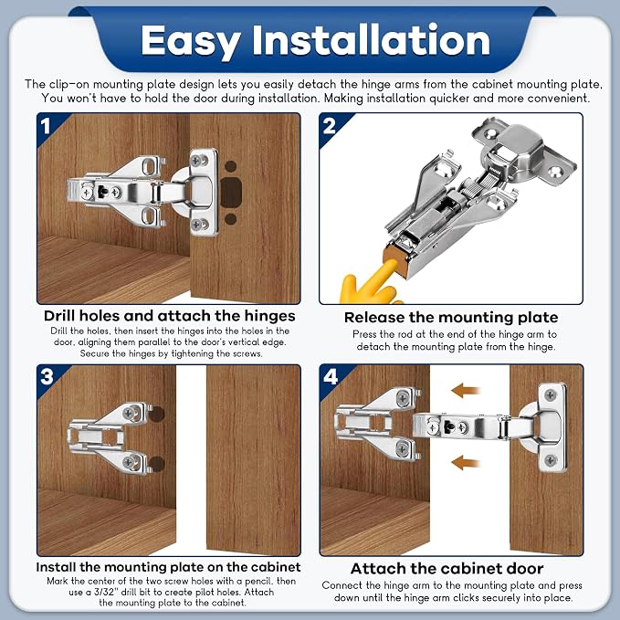 20 Pack 1/2'' Overlay Face Frame Soft Close Hidden Cabinet Hinges, 105 Degree 3D Adjustable Clip On Plate Concealed Kitchen Cupboard Door Hinges with Screws
