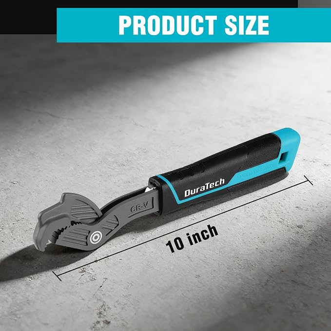 DURATECH 10-Inch Self-Adjusting Wrench, Self-Locking Pipe Wrench | Adjustable Size 9/16"-1-3/8"(15-34mm), Cr-V Steel, Non-Slip TPR Handle, For Home Repair, Mechanic and DIY Projects