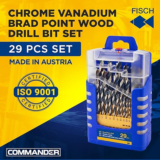 Fisch Chrome Vanadium Brad Point Wood Drill Bit Set, 29-Piece (1/16″–1/2″), Precision Woodworking Drill Bits, Compatible with Standard Drills, for DIY & Professional Use
