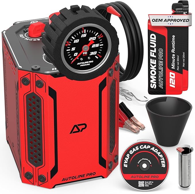 AutoLine Pro HyperSmoke™ Automotive Smoke Machine EVAP Vacuum Leak Tester | Pro Vers. w/Gauge | Adjustable Pressure - OEM Approved Smoke Fluid - Built-in Air Motor - Cone and EVAP Gas Cap Adapter