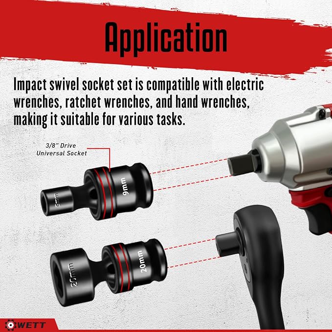 WETT 15-Piece 3/8" Drive Shallow Impact Universal Joint Socket Set, Metric Swivel Socket Set (8-22mm), Flexible Wobble Sockets, 6 Point