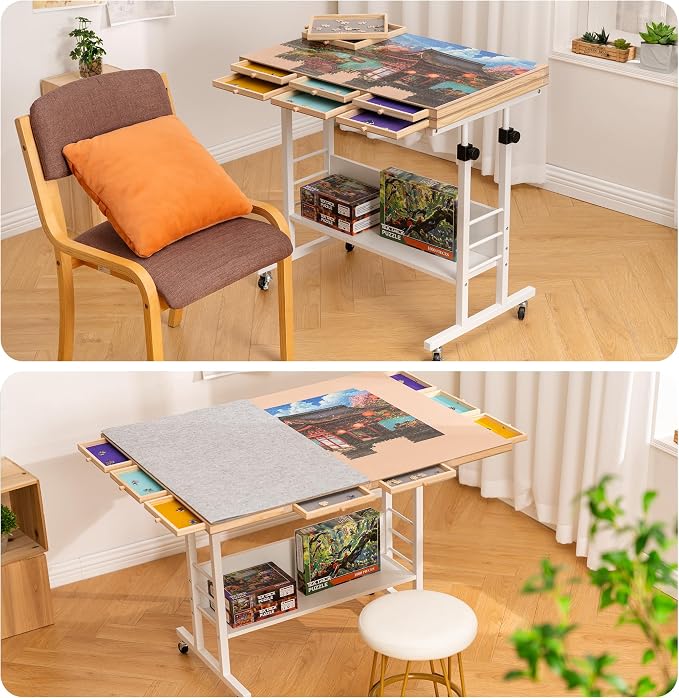 Tektalk 2000 Piece Foldable Puzzle Board with Height Adjustment, Jigsaw Puzzle Table with 2 Felt Cover & 8 Sorting Trays/Drawers, Puzzle Easel with Legs, Enclosed with 4 Roller Wheels (White)