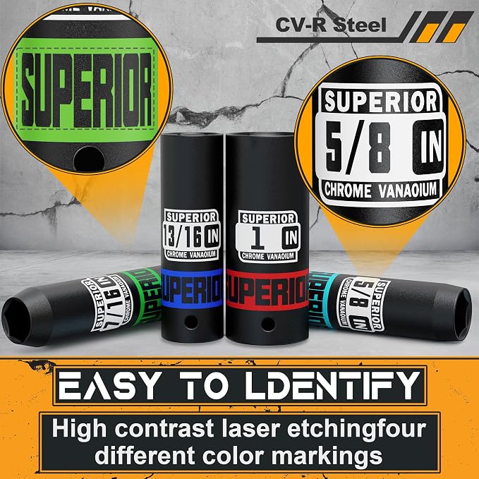 12 Piece 1/2" Drive Impact Socket Set, 3/8" - 1" Deep Socket, SAE, 6 points, CR-V Material, Cars, Motorcycles, Tire Changes