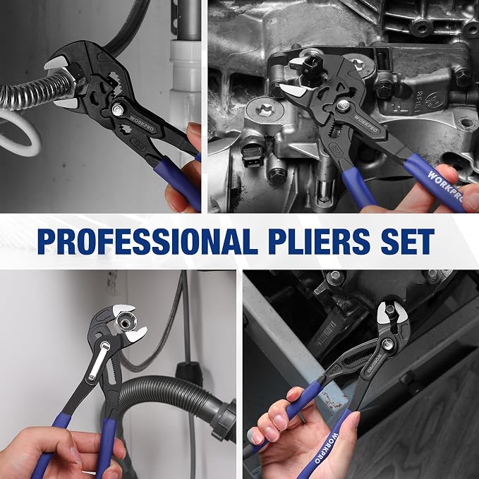 WORKPRO 2 PCS 7-Inch Pliers Wrench & 10-Inch Groove Joint Pliers Set, CR-V | Quick Adjustment, Smooth Jaw & V-Jaw, Upgraded Wide Opening, Ergonomic Grip - for Plumbing, Pipe Work, DIY Projects