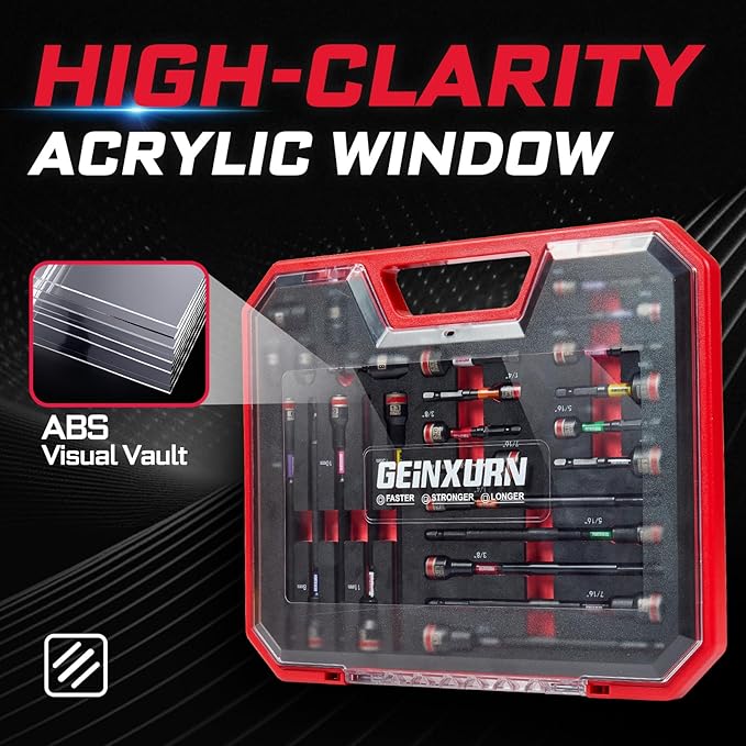 Geinxurn 25Pieces Magnetic Nut Driver Set for Impact Drill Metric and SAE Sizes with Plastic Tool Box Storage, Built for Professional & DIY Projects
