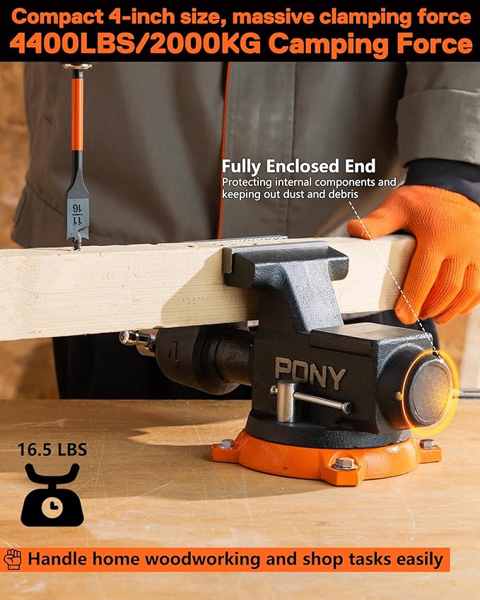 PONY 4 Inch Heavy Duty Bench Vise 4400LBS Clamping Force, Pro Workshop Workbench Vise with 360-Degree Rotatable Base and Anvil, 4-Inch Jaw Opening and Width for Woodworking, Drilling, Pipe Cutting