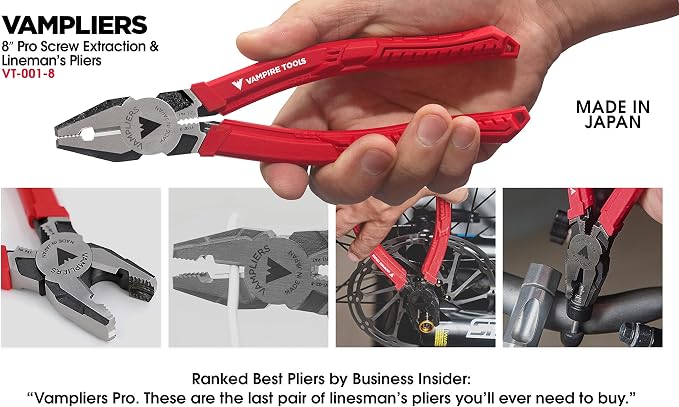 VAMPLIERS 4-Piece Screw Extractor Pliers Set. Made in Japan. High Carbon Steel Stripped Screw Removal Tools. 8" Linesman Pliers, 7.5" Long Nose, 7" Slip Joint, 6.25" BRUTE + Tool Pouch.