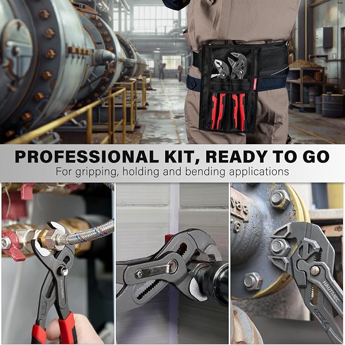 HAUTMEC 2-Piece 10 Inch Adjustable Pliers Wrench & Water Pump Pliers, Parallel Smooth Jaw & V-Jaw, CR-V Steel, Fast Adjustable Tongue and Groove Joint Pliers for Plumbing, Mechanical, Home Repair