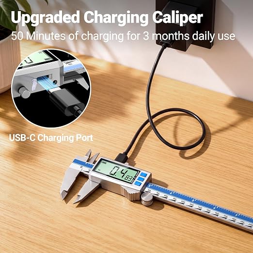 Preciva Digital Caliper 8 Inch, Rechargeable Stainless Steel Vernier Caliper with Large Display, Auto Off, Precision Inch/mm/Fraction Measuring Tool for DIY/Household/Woodworking