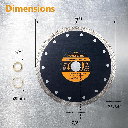 POWERTEC Diamond Saw Blades 7 Inch, Tile Saw Blade Wet, Concrete Blade for Circular Saws, Super Thin Turbo Mesh Rim Blades Cutting Porcelain, Granite & Ceramic Tile, Masonry, Brick and Marble - 14001V