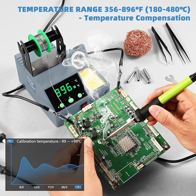 Soldering Station, 100W Digital Display Soldering Iron Station Kit with 2 Helping Hands, 356°F - 896°F, Auto Sleep, °C/°F Conversion, Solder Wire, Tips, Stand, Pump, Tweezers, Tip Cleaner, Gray