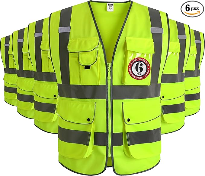 JKSafety 9 Pockets Class 2 High Visibility Zipper Front 6 Pack Safety Vest With Reflective Strips,Meets ANSI/ISEA Standard （155 Yellow M