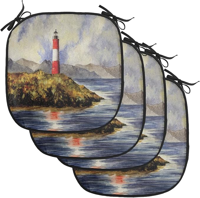 Lunarable Lighthouse Chair Cushion Pads Set of 4, Les Eclaireurs Lighthouse Coastline Seashore Mountains Cliff Painting Effect, Anti-Slip Seat Padding for Kitchen & Patio, 16"x16", Blue Red Green