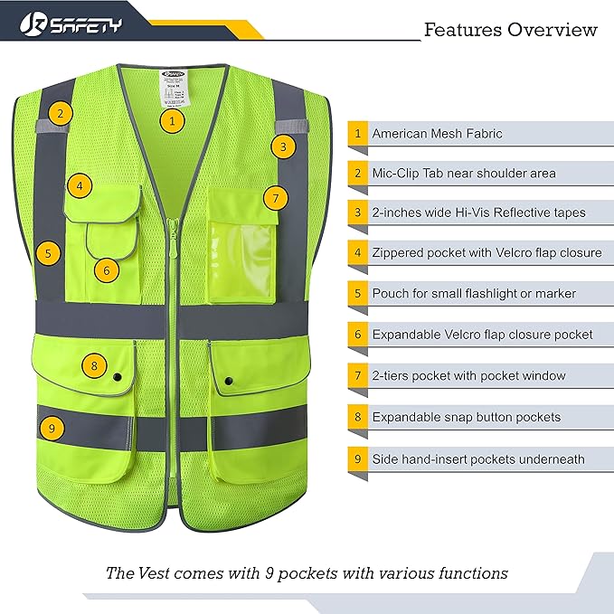 JKSafety 9 Pockets High Visibility Safety Vest for Men and Women, Hi-Vis Reflective Yellow Safety Vests with Zipper Front, Meet ANSI/ISEA Class 2 Type R(159-Yellow L)