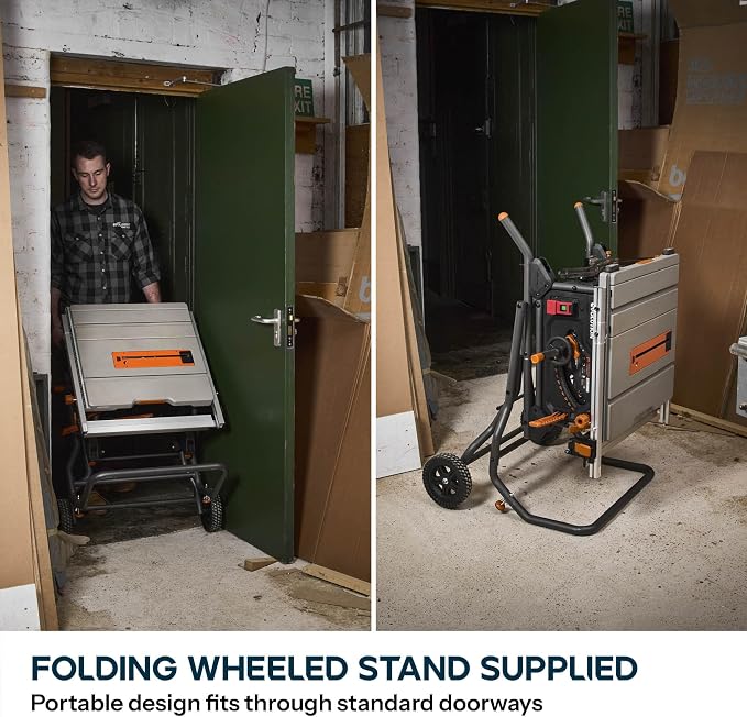 Evolution R10TBLX 10" Jobsite Table Saw with Wheeled Stand | Zero-Clearance Throat Plate | Dado Plate Included | 15A Motor | 26” Rip | 3-3/8” Cut | 0-45° Bevel | Precision Fence | Heavy Duty Portable